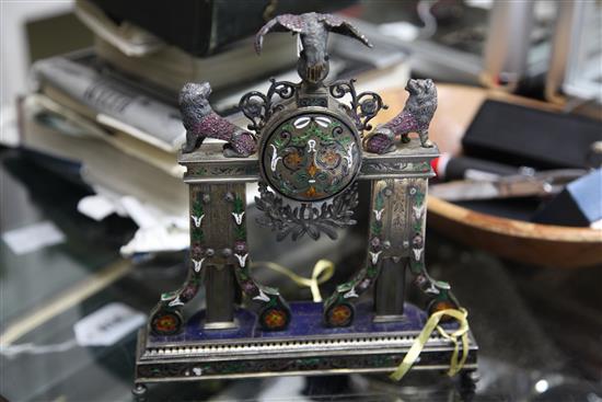 A good late 19th/early 20th century Austro-Hungarian silver gilt, polychrome enamel, lapis lazuli and gem set mantel timepiece.